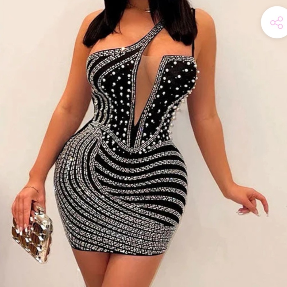 Black fully rhinestone sparkle beaded mini mesh front dress